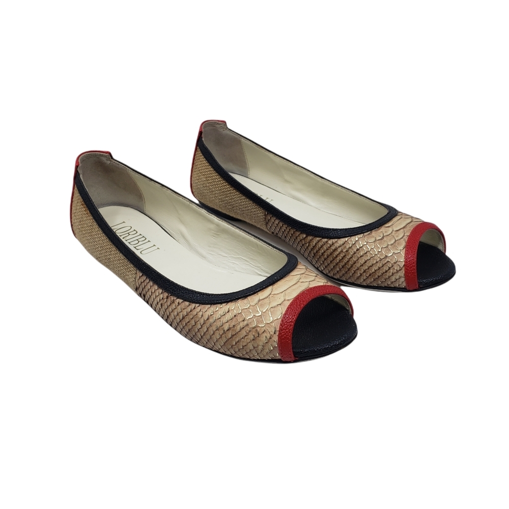 Loriblu Leather Flats Size 37 US 7 Tan Black Red Slip On Peep Toe Made Italy‎